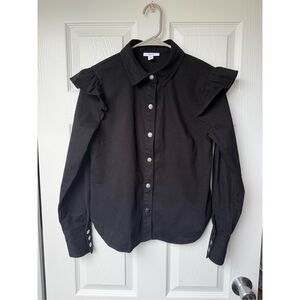 Bar III Silver Snap Button Jacket Blouse Small Women's Black Frill Collar Goth